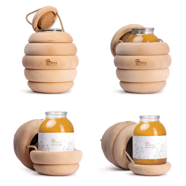 Honey packaging in the shape of a beehive