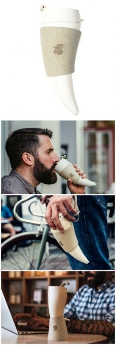 Man with horn-shaped thermos