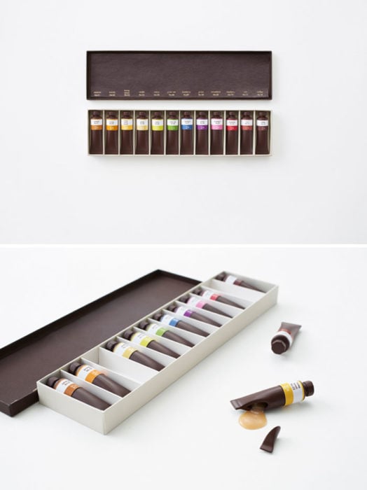 Packaging of chocolates in the shape of paints