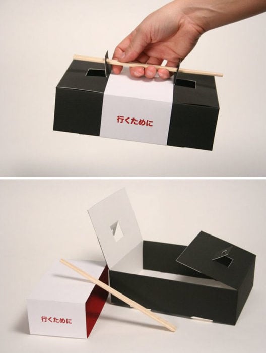 Sushi box with chopsticks as a handle