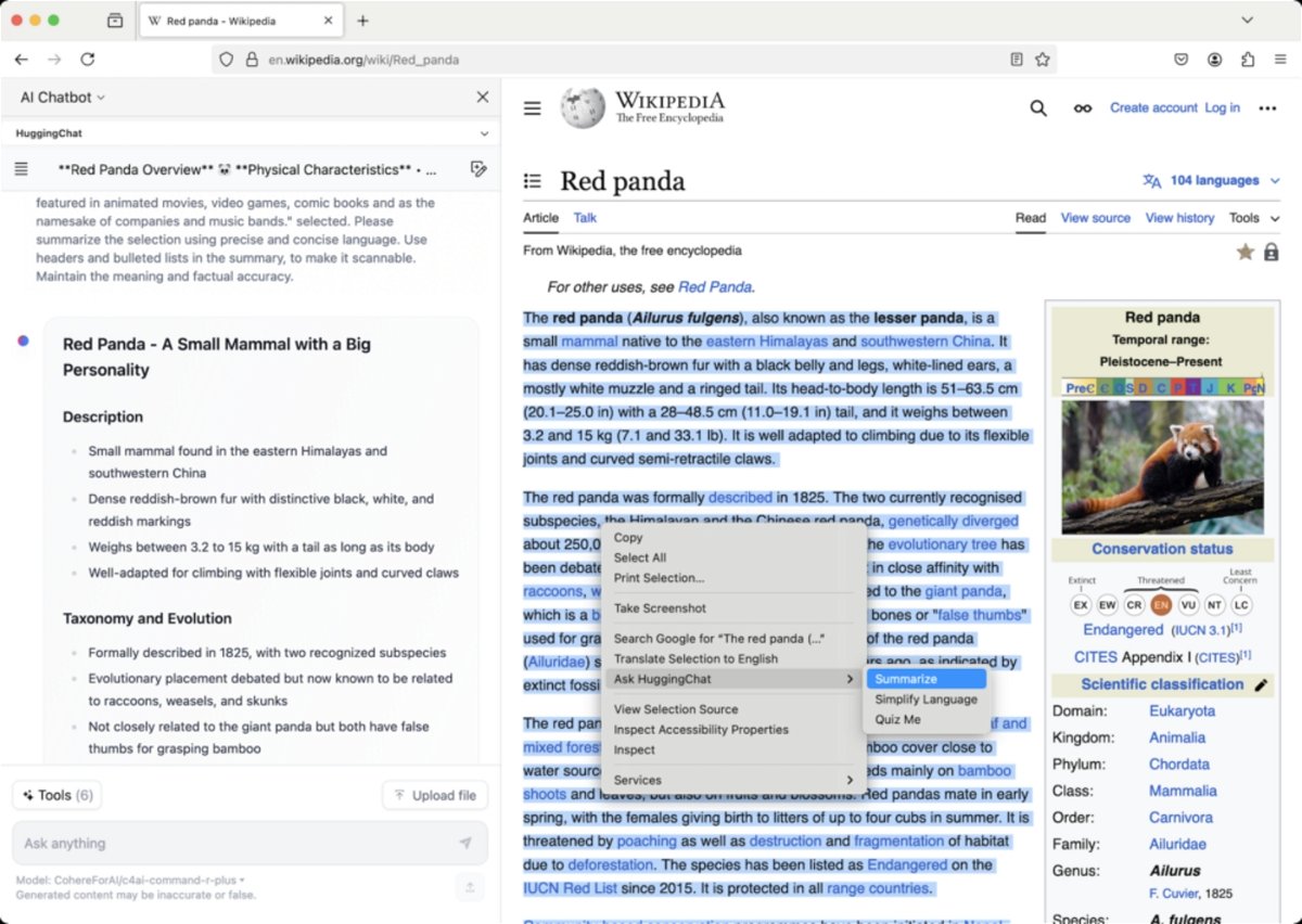 Firefox Nightlys new chatbot service performing on Wikipedia