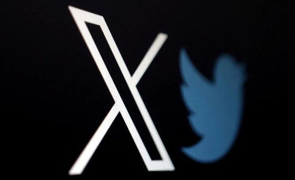 Photographic illustration of the logo of the social network X next to the previous Twitter logo