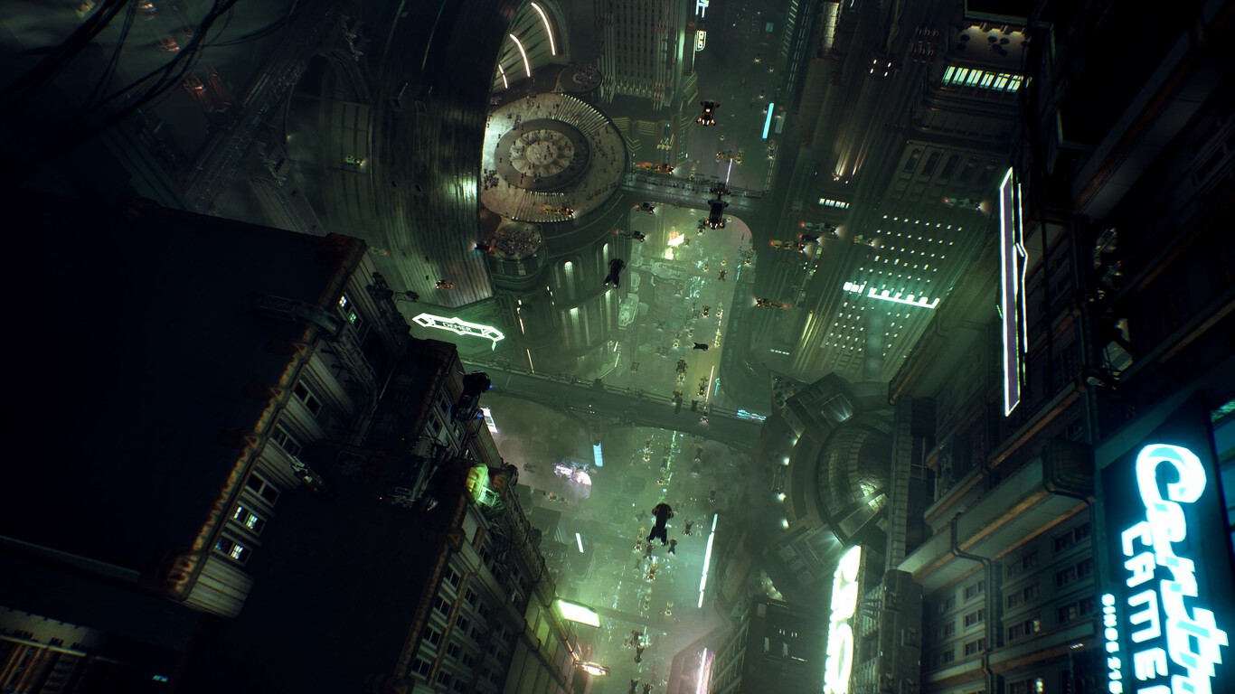 The Blade Runner aesthetic is more than evident in the construction of the game's universe