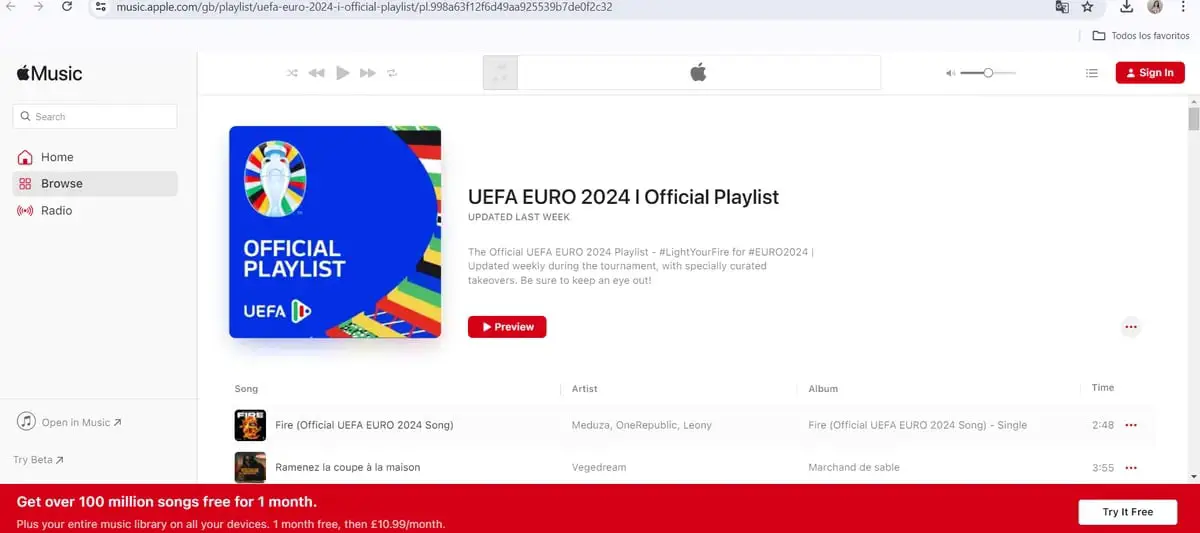 UEFA has a verified profile on Apple Msuic and other similar platforms