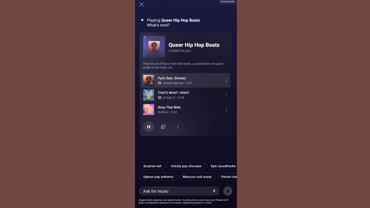 The interface of the new AI chatbot integrated into YouTube Music